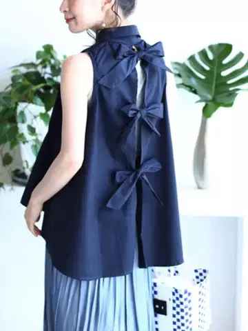 CAWAII 슬리브리스 셔츠 백리본 상의 네이비