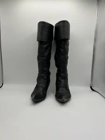 블랙 가죽 롤오버 롱 부츠