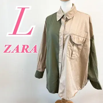ZARA 긴팔 셔츠 L 베이지 카키 바이컬러 밀리터리 캐주얼