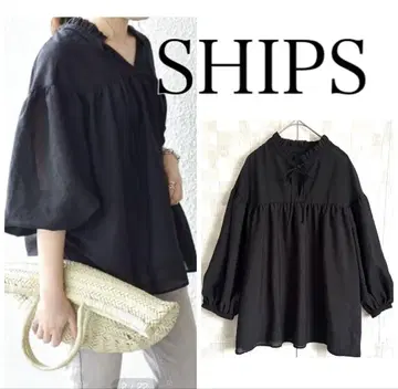컨디션 최상 SHIPS 하이넥 리본 프릴 블라우스 절개 개더 블랙
