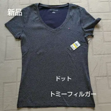 TOMMY HILFIGER 네이비 도트 V넥 티셔츠 M