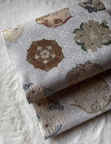 야마구치 미술 직물 후쿠로 오비 쇼엔 해당화 문양 인증서 포함