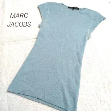 MARC JACOBS 울 100 반팔 니트 블루 리브 니트