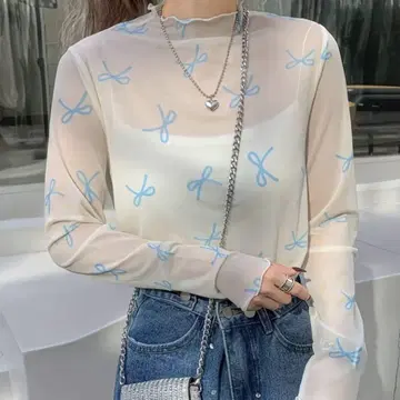 poppy풍 리본 시어 탑 아사기뇨 L 사이즈