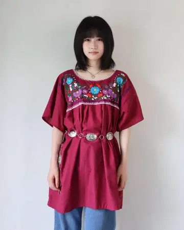 구제 의류 멕시코 자수 반팔 튜닉 산안토니노 레트로 빈티지