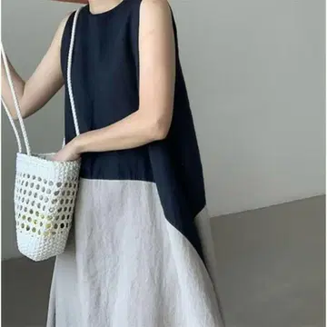 새상품 A라인 슬리브리스 코튼 바이컬러 원피스 네이비