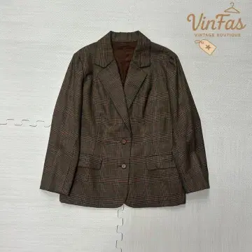 90s 빈티지 브라운 체크 테일러드 재킷 더블 포켓