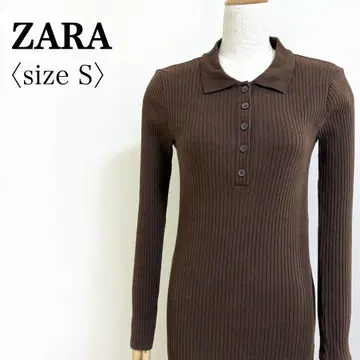ZARA 폴로 옷깃 리브 니트 롱 원피스 브라운 긴팔 S