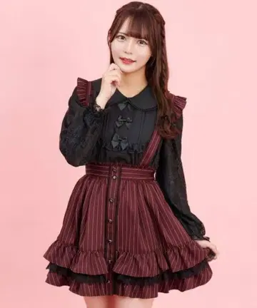 시크릿허니 스트라이프 소매 프릴 스커트 레드