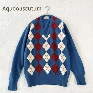 Aqueouscutum 빈티지 아가일 니트 V넥 XL 상당
