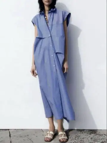 [ZARA] 자라 스트라이프 패턴 포플린 셔츠 원피스 비대칭 슬리브리스