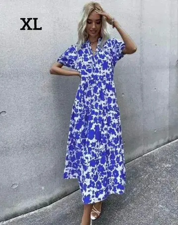ZARA 자라 맥시 길이 플라워 프린트 올 패턴 블루 원피스 XL 꽃무늬