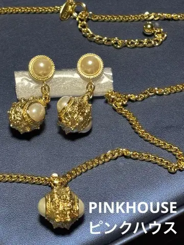 PINKHOUSE 핑크하우스 금도금 펄 롱 목걸이 귀찌 두 점
