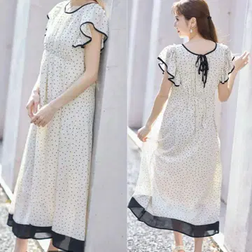 tocco closet 도트 무늬 롱 원피스 M 프릴 소매 리본 포함