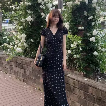 꽃무늬 V넥 반팔 롱 원피스
