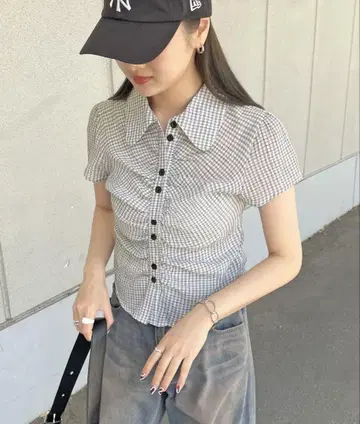 크롭 체크 셔링 시어 셔츠