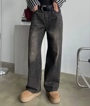 다크 그레이 와이드 레그 데님 팬츠
