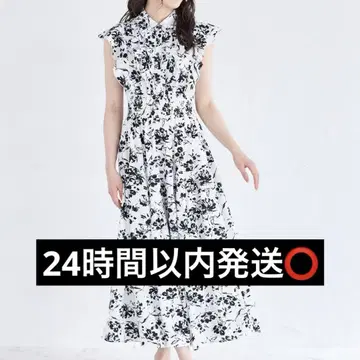 프릴 장식 아시메 티어드 허리 셔링 모노톤 플라워 셔츠 원피스