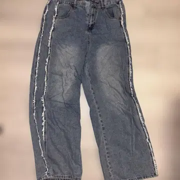프린지 다크 블루 와이드 데님 팬츠