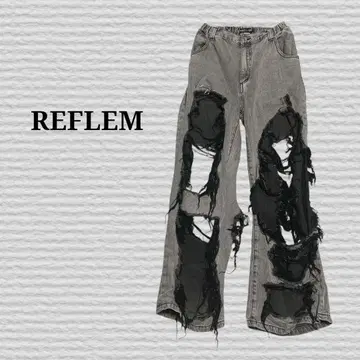 [ REFLEM ] 하이 크러쉬 와이드 데님 팬츠 그레이