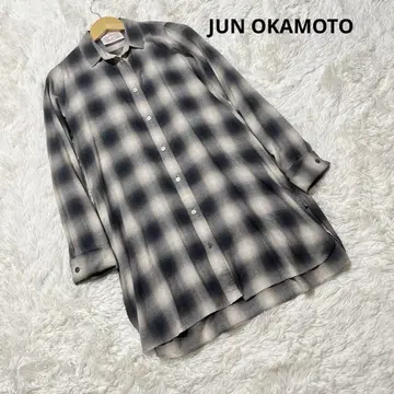 JUN OKAMOTO 블랙 화이트 체크 무늬 긴팔 롱 셔츠