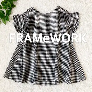 프렌치 린넨 블라우스 깅엄 체크 프릴 블랙 프레임워크