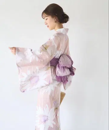[ miki 셀렉트 ] 복숭아색 해바라기 유카타와 오비 2점 세트