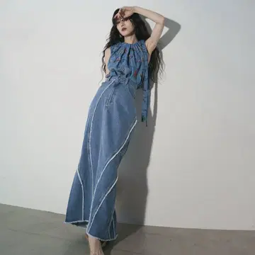 Andrea&Co 라인 프린지 데님 스커트