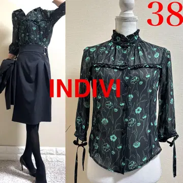 인디비 INDIVI 스탠드 카라 7부 소매 시어 블라우스 꽃무늬 블랙 M