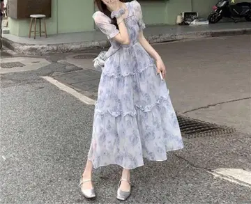 스카이블루 플라워 프린트 롱 원피스