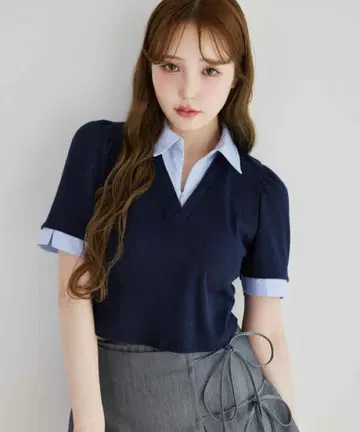 NICECLAUP 레이어드 반팔 상의 네이비