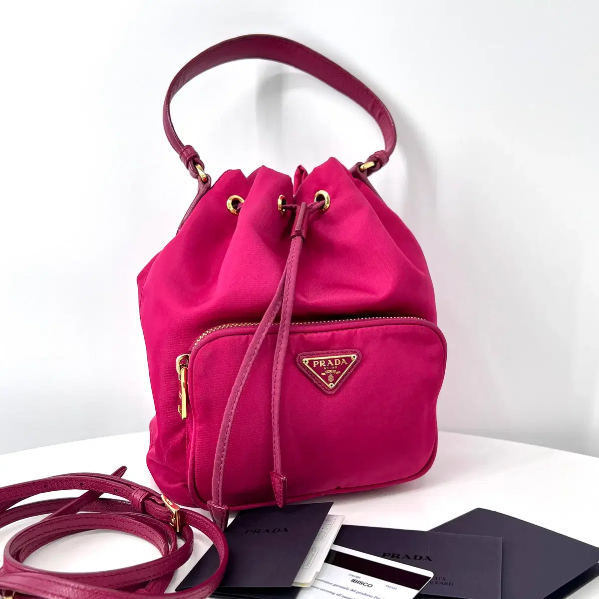 Prada Nylon Triangle Logo Bucket Crossbody Bag (1BH038)