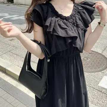 코튼 와셔 2WAY 크로스 프릴 오프숄더 티어드 원피스