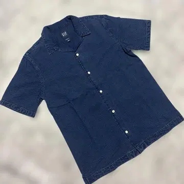 GAP 오픈 카라 반팔 셔츠 데님풍 네이비 XS