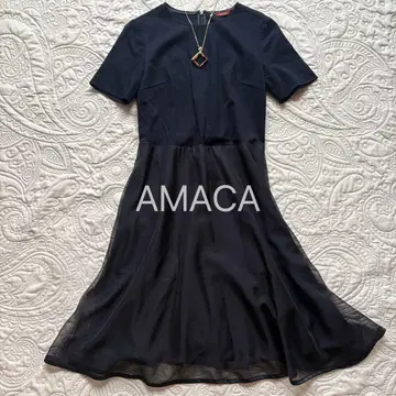 AMACA 다크 네이비 무릎 기장 원피스 반팔