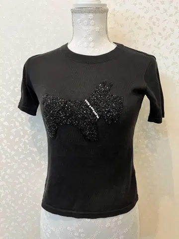 강아지 비즈 장식 반팔 티셔츠 M 블랙