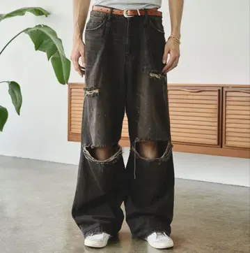 와이드 배기 워싱 데미지 데님 블랙 완판템
