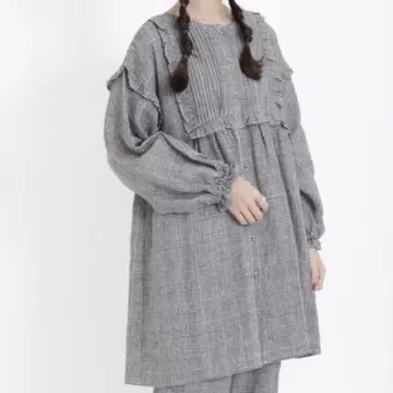 사만사 모스모스 프릴 절개 린넨 튜닉 블라우스(체크)