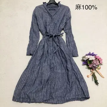 리포트렌타안니 스트라이프 셔츠 원피스 린넨 100% 네이비 벨트 포함
