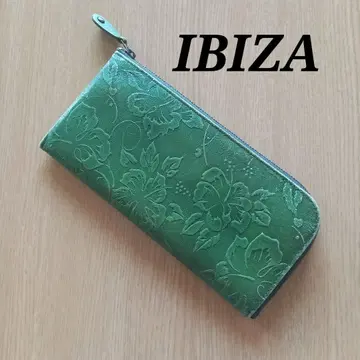 IBIZA 이비자 L자 지퍼 장지갑 꽃무늬 그린 천연 가죽