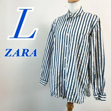 ZARA 자라 긴팔 셔츠 L 블루 화이트 스트라이프 캐주얼