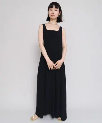 새상품 iki 레이온 크레이프 해연 와셔 V넥 민소매 원피스 블랙