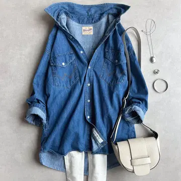 새상품급 Wrangler 오버 웨스턴 셔츠 데님 셔츠 넉넉한 스타일