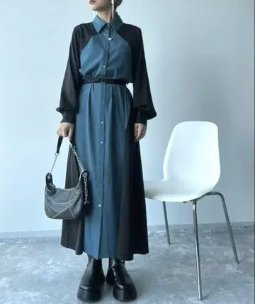 HARE 하레 사이드 바이컬러 원피스 긴팔 롱 기장 벨트 없음