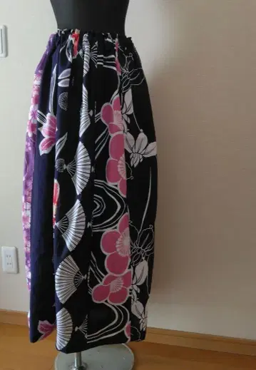 유카타 리메이크 개더 스커트 꽃무늬 롱 보라색 블랙 핑크