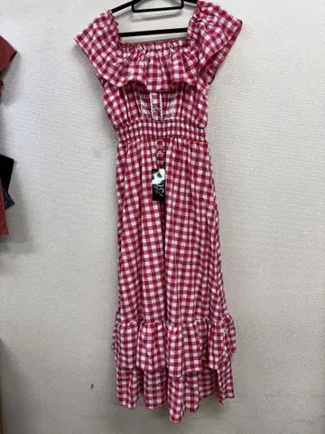 새상품 유메텐보 디어리 빨간색과 화이트 체크 무늬 롱 원피스
