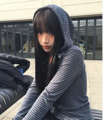 anyonemore 랫 스냅 버튼 스트라이프 후드 부착 긴팔 상의