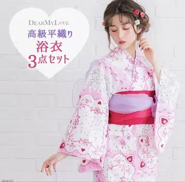 유메텐보 DearMyLove 플라워 손수건 패턴 유카타, 오비 세트
