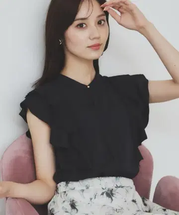 플리츠 프릴 밴드 카라 블라우스 인덱스 L 사이즈 네이비