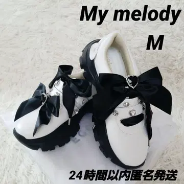 새상품 마이멜로디 통굽 로퍼 M 화이트 지뢰 리본 비쥬 23